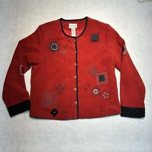 Napa Valley Womens Red Black Embroidered Artsy Patchwork Button Jacket Med Vtg